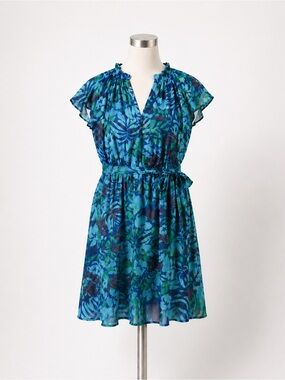 Trina Turk Zandy Tropical Floral Cotton Mini Dress Tie Waist Blue Green L NEW